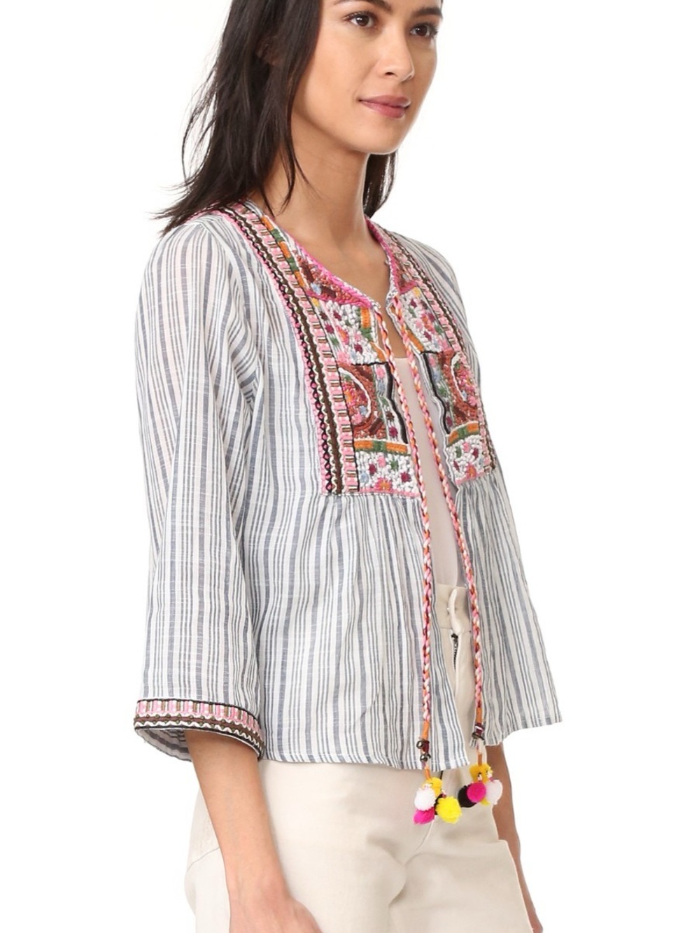 Velvet by Graham & Spencer Striped Embroidered Open-Front Top Small - Picture 2 of 11